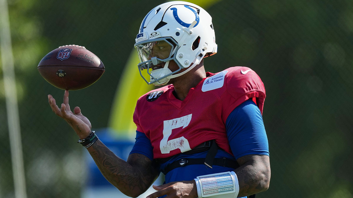 Indianapolis Colts quarterback Anthony Richardson Sr. (5) spins the ball on his finger Sunday, Aug. 3, 2025, during Indianapolis Colts Training Camp at Grand Park in Westfield.