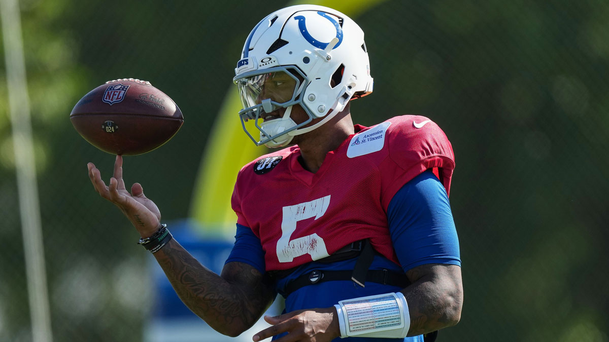 Indianapolis Colts quarterback Anthony Richardson Sr. (5) spins the ball on his finger during Indianapolis Colts Training Camp
