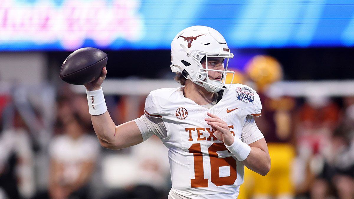Texas Longhorns quarterback Arch Manning (16) warms up before the Peach Bowl at Mercedes-Benz Stadium. Mandatory Credit: Brett Davis-Imagn Images