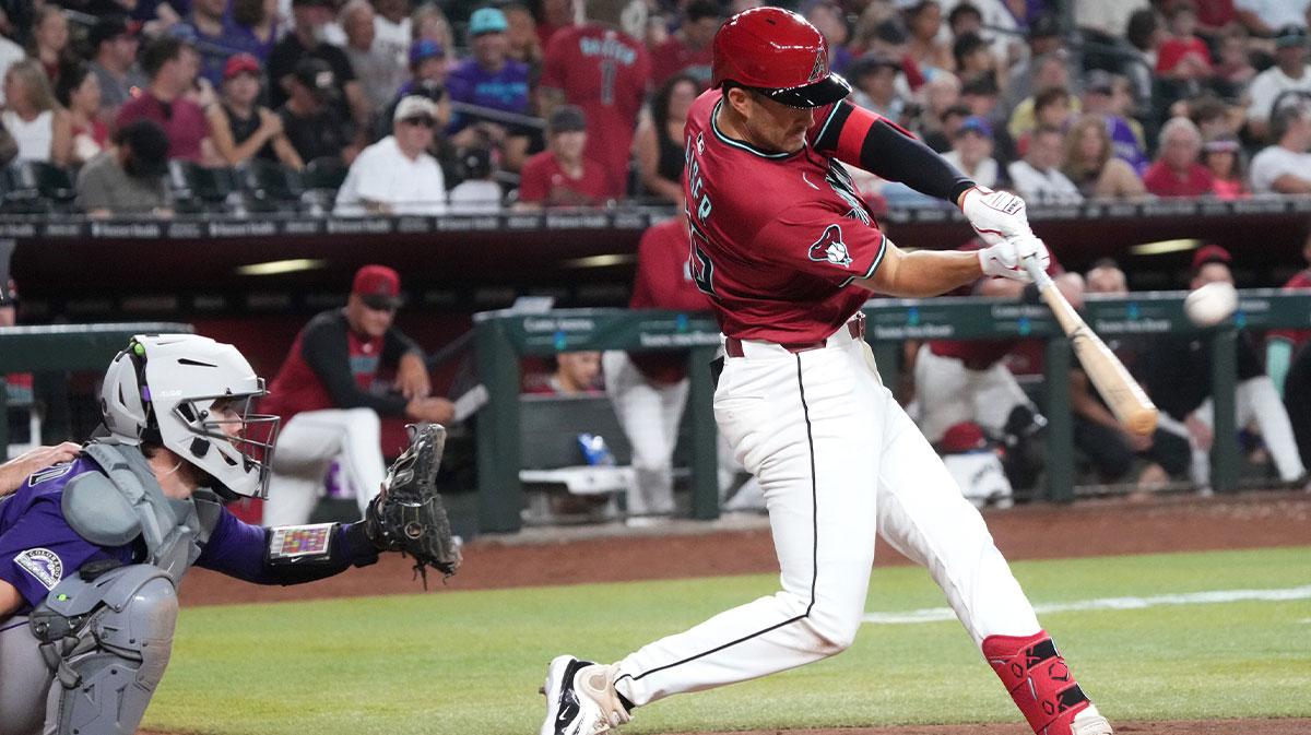 Arizona Diamondbacks' Connor Kaiser (65) hits a double for his first major league hit against the Colorado Rockies at Chase Field on Aug. 10, 2025.