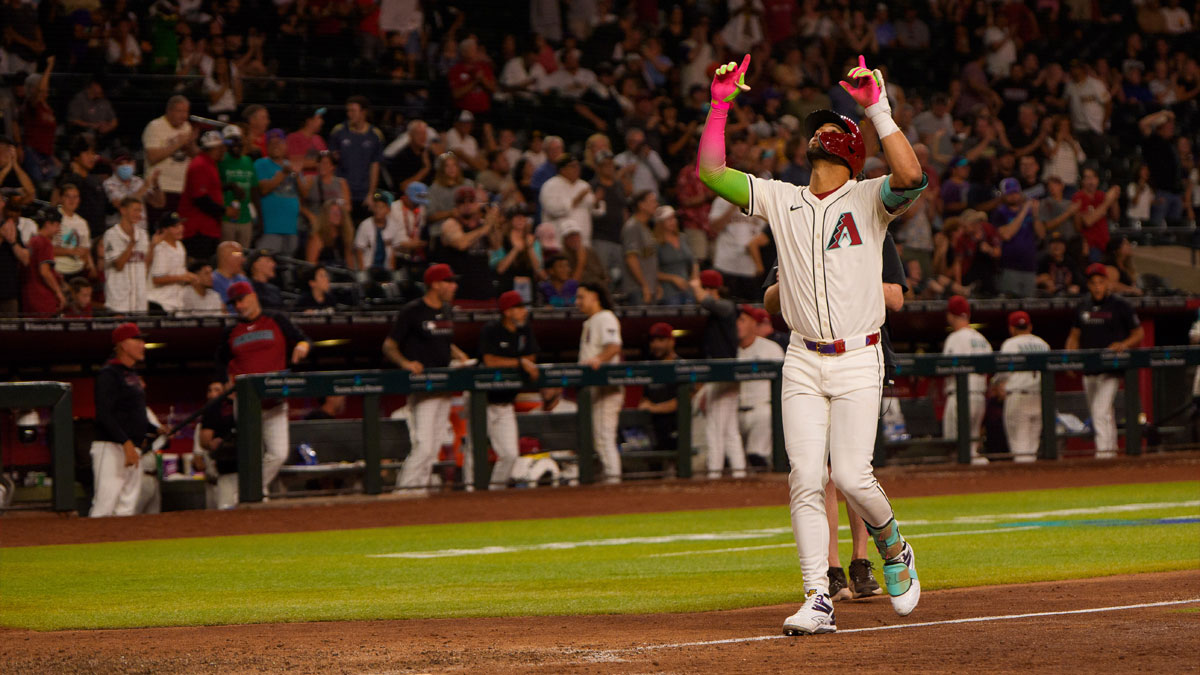 Arizona Diamondbacks outfielder Lourdes Gurriel Jr. (12) reacts after hitting a home run in the fifth inning to tie the game against the San Diego Padres at Chase Field.