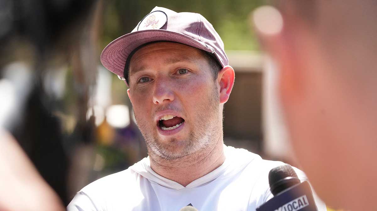 ASU head coach Kenny Dillingham speaks to the media after the team held their first day of practice at Camp Tontozona
