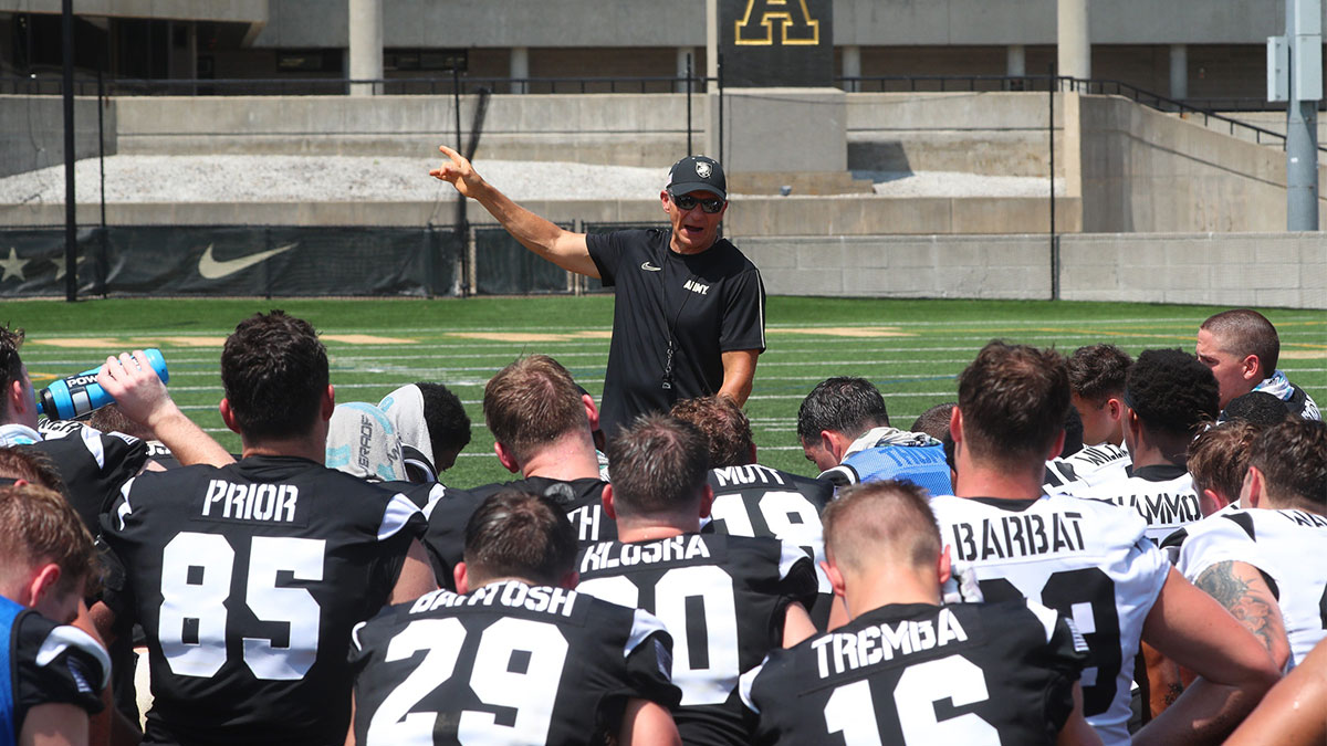 Army West Point Football head coach Jeff Monken speaks to the team.