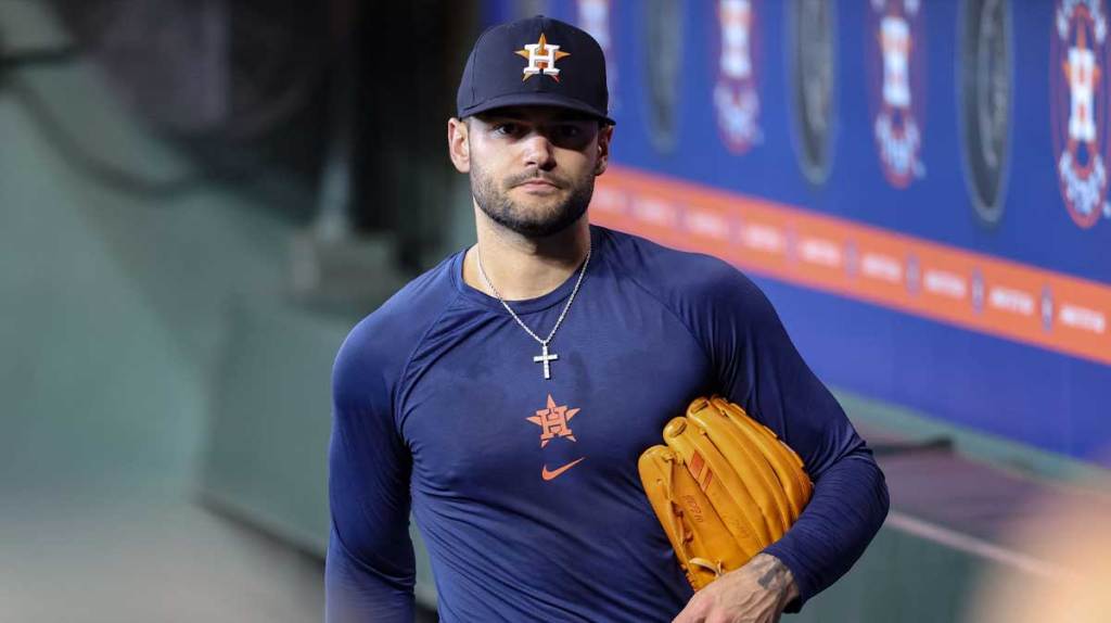Houston Astros pitcher Lance McCullers Jr. walks in the dugout before the game against the Boston Red Sox at Daikin Park.