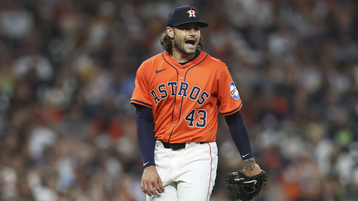 Houston Astros starting pitcher Lance McCullers Jr. (43) reacts after a play during the third inning against the Texas Rangers at Daikin Park.