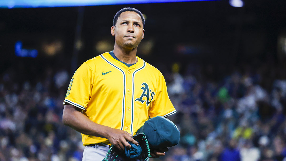 Athletics relief pitcher Jose Leclerc (37) walks to the dugout after surrendering a two-run home run against the Seattle Mariners immediately before an eighth inning pitching change at T-Mobile Park.