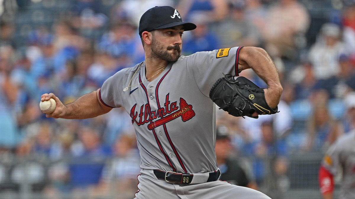 Atlanta Braves starting pitcher Spencer Strider (99) throws a pitch in the first inning against the Kansas City Royals at Kauffman Stadium.