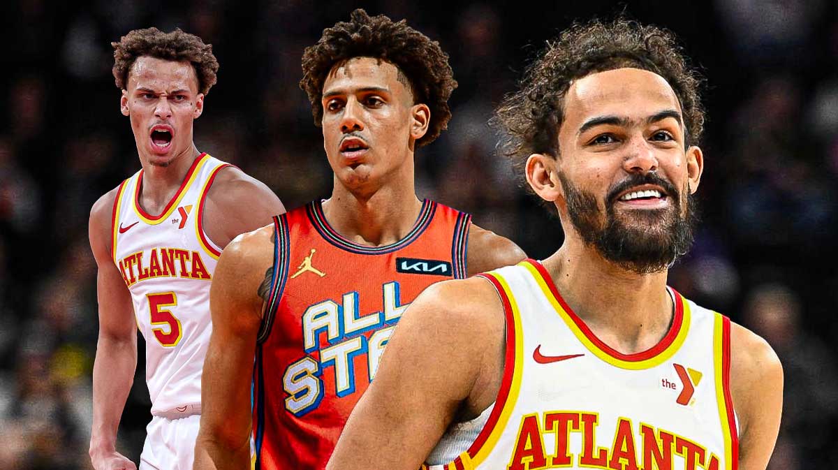 Hawks' Trae Young smiling, Jalen Johnson wearing All-Star uniform, and Dyson Daniels hyped up