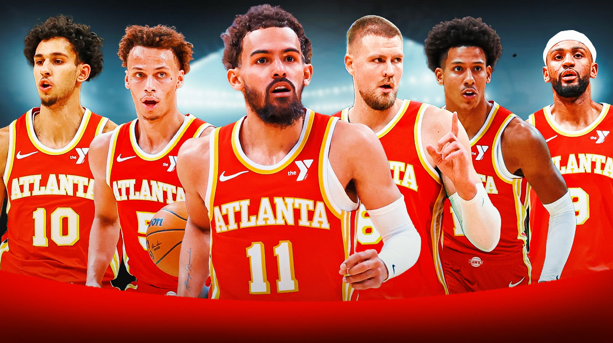 Jalen Johnson, Kristaps Porzingis in a Hawks jersey, Dyson Daniels, Zaccharie Risacher, Nickeil Alexander-Walker in a Hawks jersey, with Trae Young in the middle.