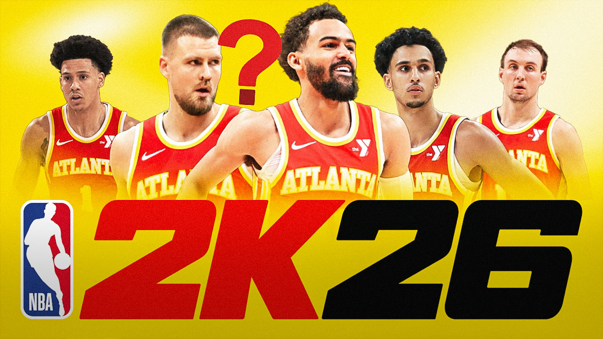 Atlanta Hawks NBA 2K26 ratings that are 100% wrong. Trae Young, Kristaps Porziņģis, Jalen Johnson, Zaccharie Risacher, and Luke Kennard in the Hawks jersey with the 2k26 logo at the top with a single question mark.