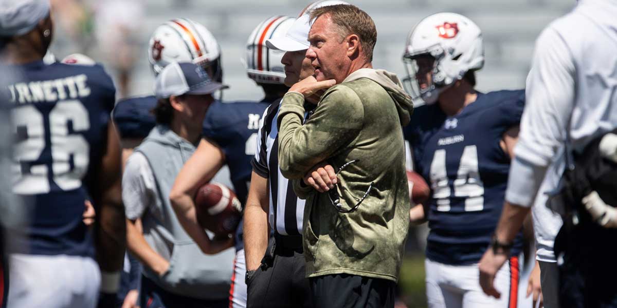 Auburn Tigers head coach Hugh Freeze watches on during Auburn Tigers A-Day football practice at Jordan-Hare Stadium in Auburn, Ala., on Saturday, April 12, 2025.