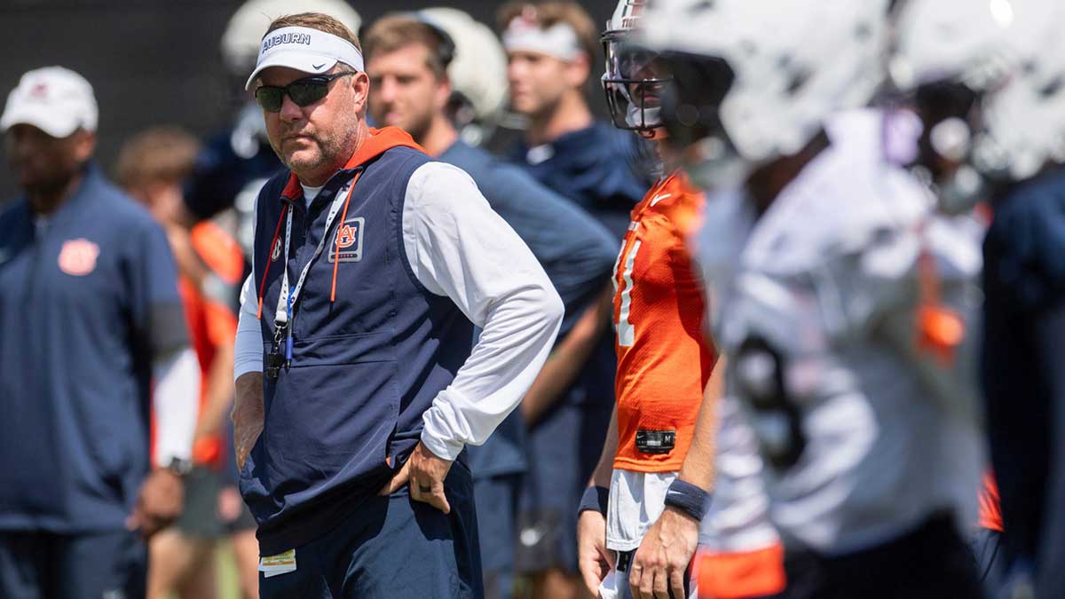 Auburn Tigers head coach Hugh Freeze watches on during practice at Woltosz Football Performance Center in Auburn, Ala.