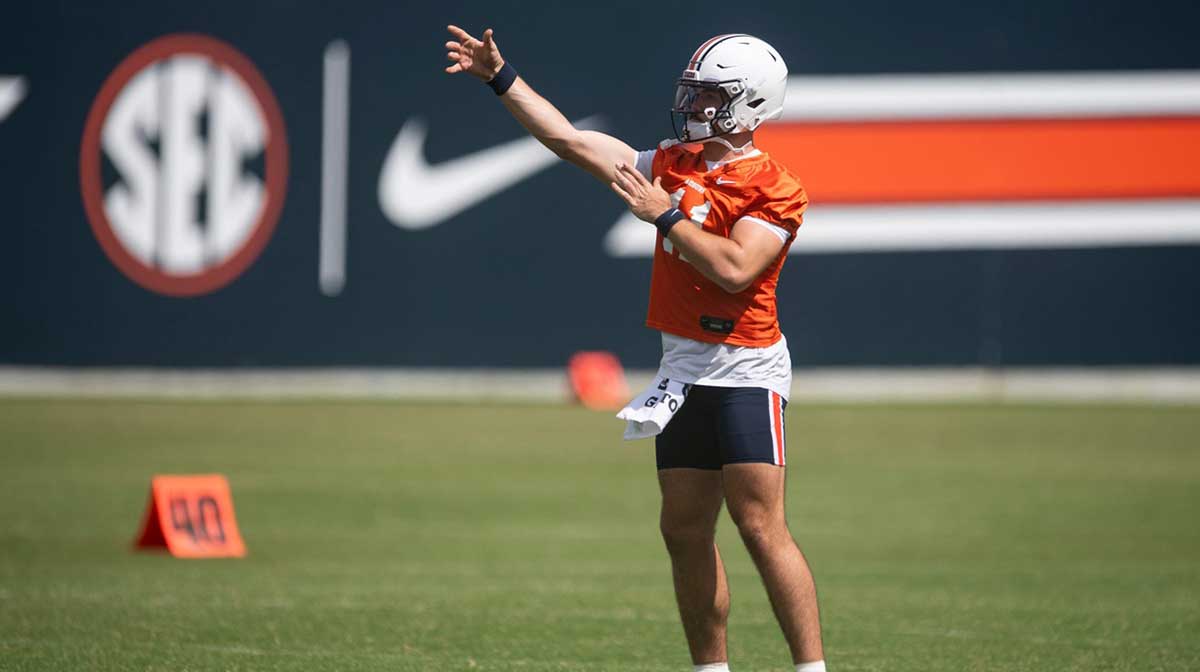 Auburn Tigers quarterback Jackson Arnold (11) throws the ball during practice at Woltosz Football Performance Center in Auburn, Ala. on Thursday, Aug. 14, 2025.