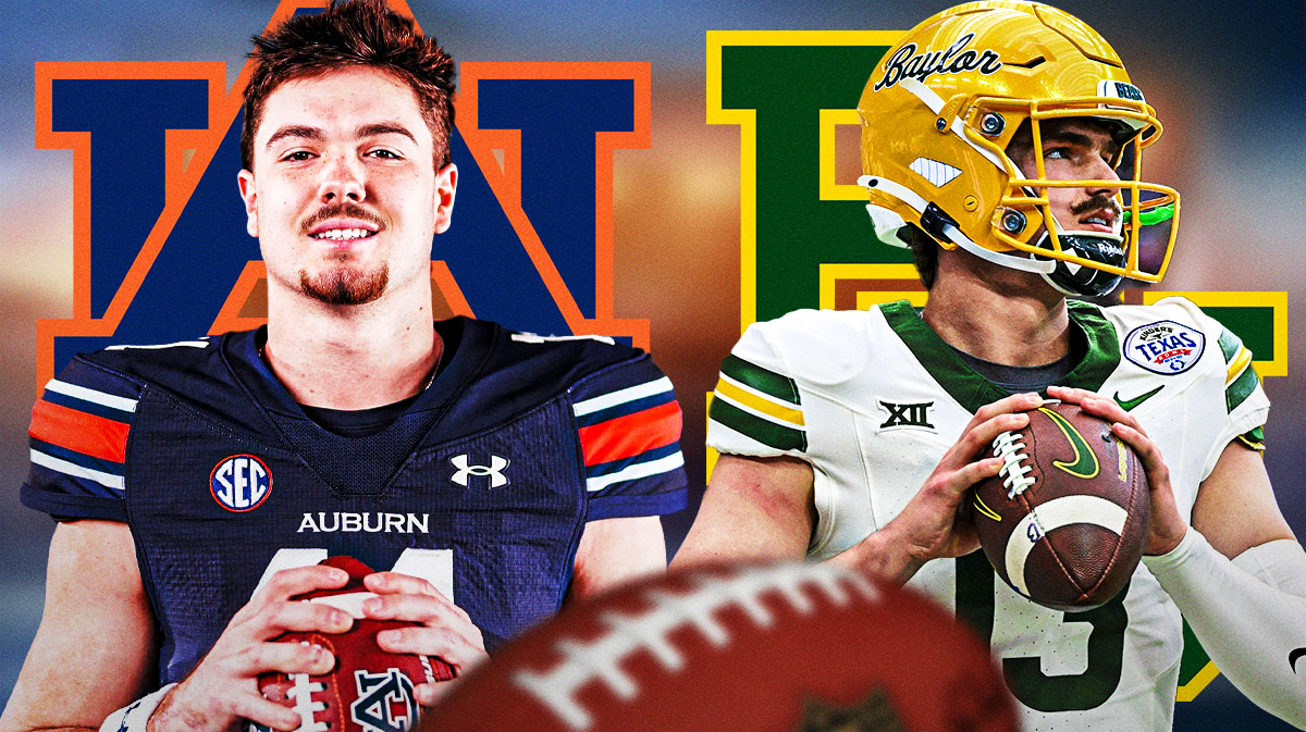 Sawyer Robertson (right side) and Jackson Arnold (in auburn gear not Oklahoma on the left side) with the Auburn (left side) and Baylor (right side) logos in the background. Full background of football field. College football