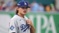 Aug 1, 2025; St. Petersburg, Florida, USA; Los Angeles Dodgers shortstop Alex Freeland (76) looks on before the game against the Tampa Bay Rays at George M. Steinbrenner Field. Mandatory Credit: Kim Klement Neitzel-Imagn Images