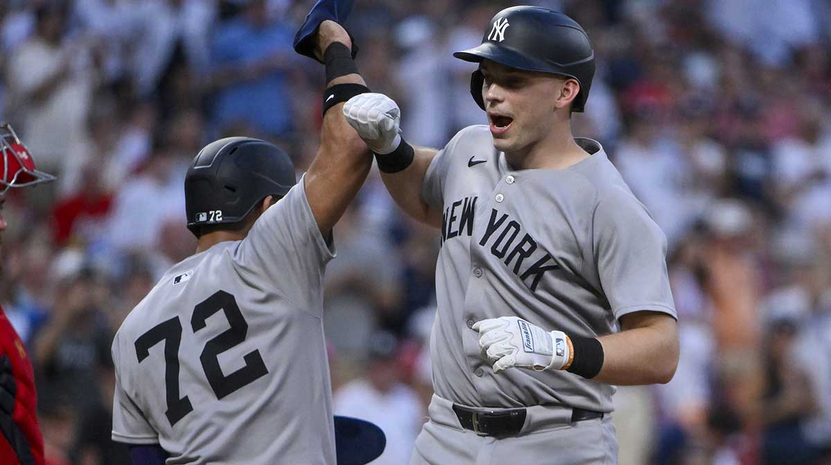 New York Yankees first baseman Ben Rice (22) celebrates with right fielder Jose Caballero (72) after hitting a three run home run against the St. Louis Cardinals during the fourth inning at Busch Stadium. Mandatory Credit: Jeff Curry-Imagn Images