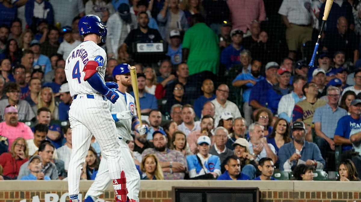 Chicago Cubs outfielder Pete Crow-Armstrong (4) throws his bat after striking out against the Milwaukee Brewers during the third inning at Wrigley Field. Mandatory Credit: David Banks-Imagn Images