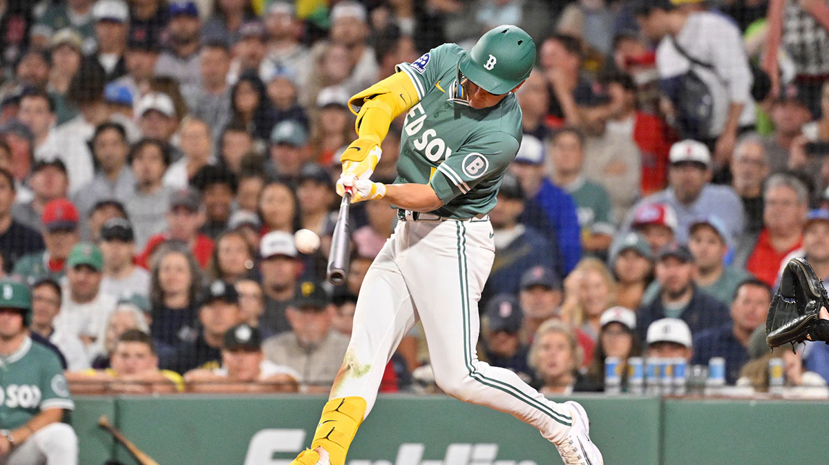 Boston Red Sox right fielder Roman Anthony (19) hits a home run against the Pittsburgh Pirates during the fifth inning at Fenway Park.
