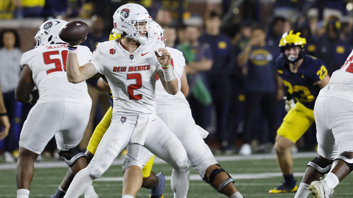 New Mexico Lobos quarterback Jack Layne (2) passes in the second half against the Michigan Wolverines at Michigan Stadium.