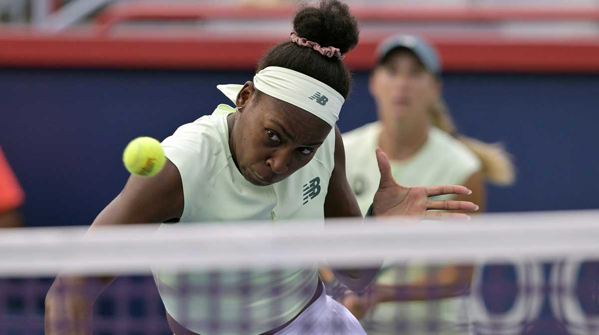 Aug 4, 2025; Montreal, QC, Canada; McCartney Kessler (USA) and Coco Gauff (USA) in semifinal play against Olga Danilovic (SRB) and Su-Wei Hsieh (TPE) at IGA Stadium. Mandatory Credit: Eric Bolte-Imagn Images