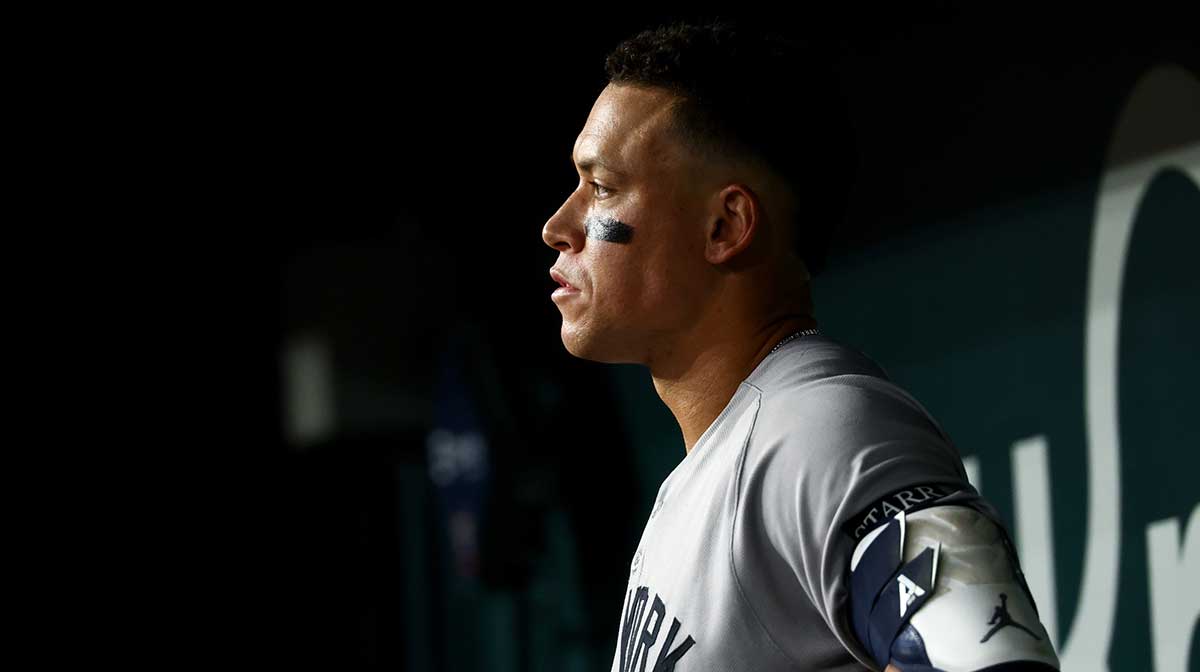 New York Yankees designated hitter Aaron Judge (99) reacts in the dugout during the game against the Texas Rangers at Globe Life Field. Mandatory Credit: Kevin Jairaj-Imagn Images