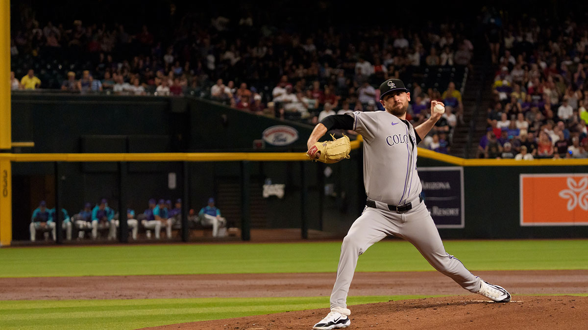Colorado Rockies pitcher Austin Gomber (26) pitches in the first inning against the Arizona Diamondbacks at Chase Field.