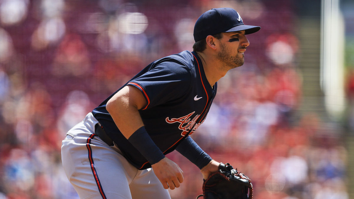Atlanta Braves third baseman Austin Riley (27) prepares for the pitch in the fourth inning against the Cincinnati Reds at Great American Ball Park.
