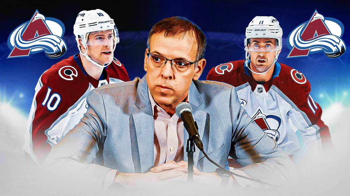 GM Chris MacFarland with Charlie Coyle and Brock Nelson on the outsides. Avalanche logo in the background. Avalanche offseason, Avalanche perfect offseason, NHL offseason, NHL