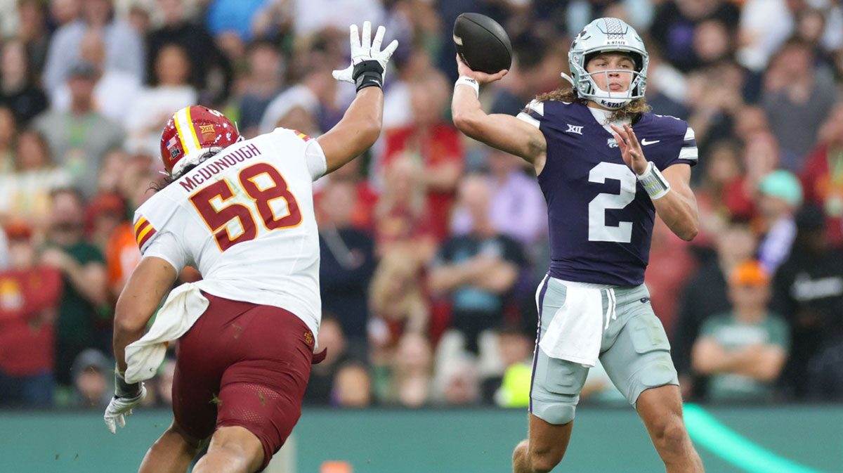 Kansas State quarterback Avery Johnson throws a pass during the Aer Lingus Classic between Iowa State and Kansas State at Aviva Stadium.