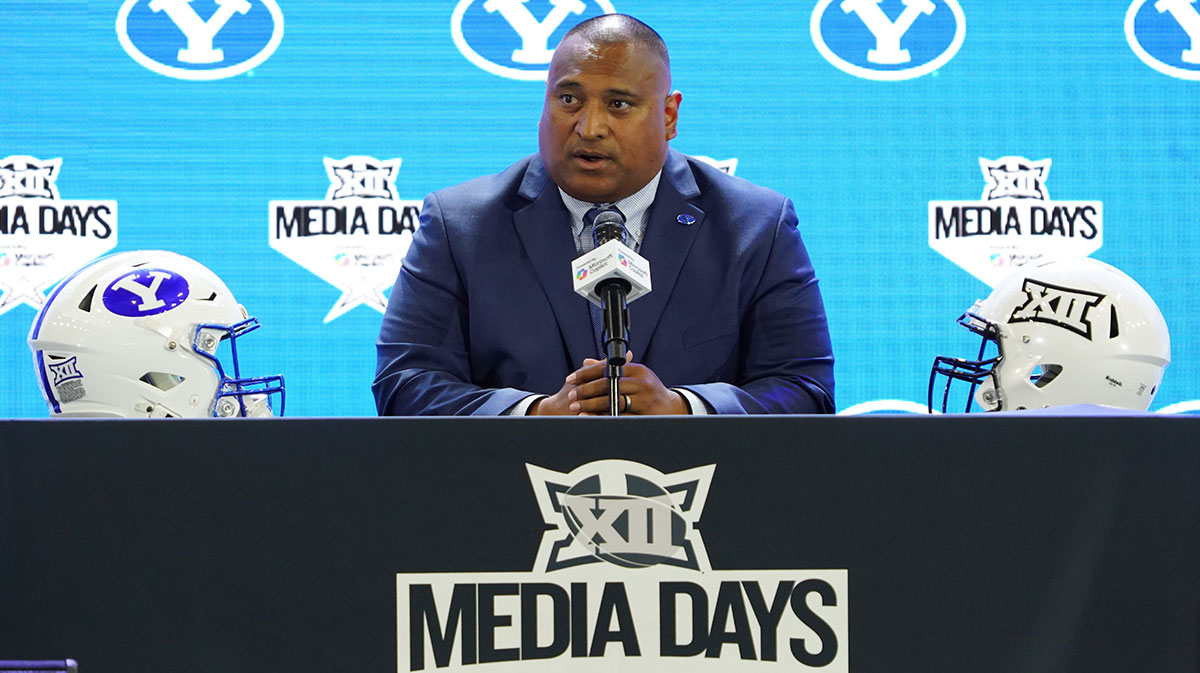 BYU head coach Kalani Sitake addresses the media during 2025 Big 12 Football Media Days at The Star.