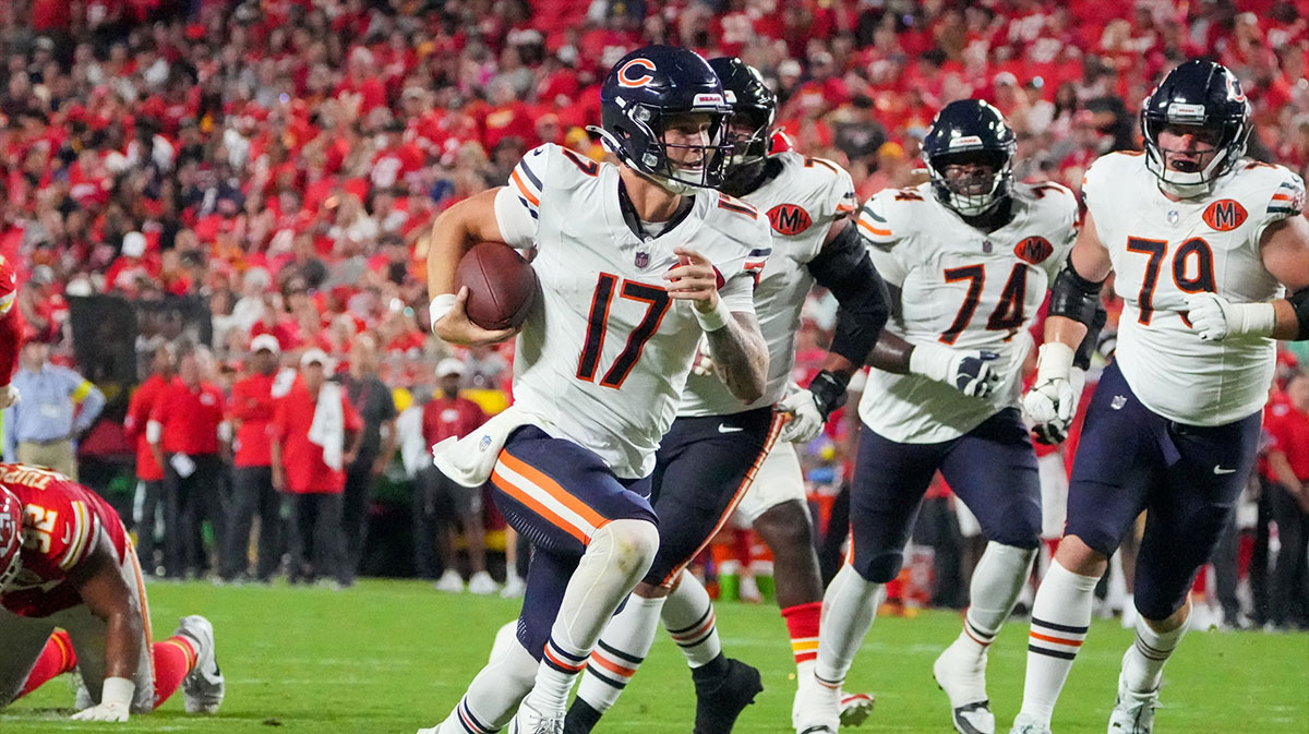 Chicago Bears quarterback Tyson Bagent (17) runs the ball against the Kansas City Chiefs during the second half of the game at GEHA Field at Arrowhead Stadium