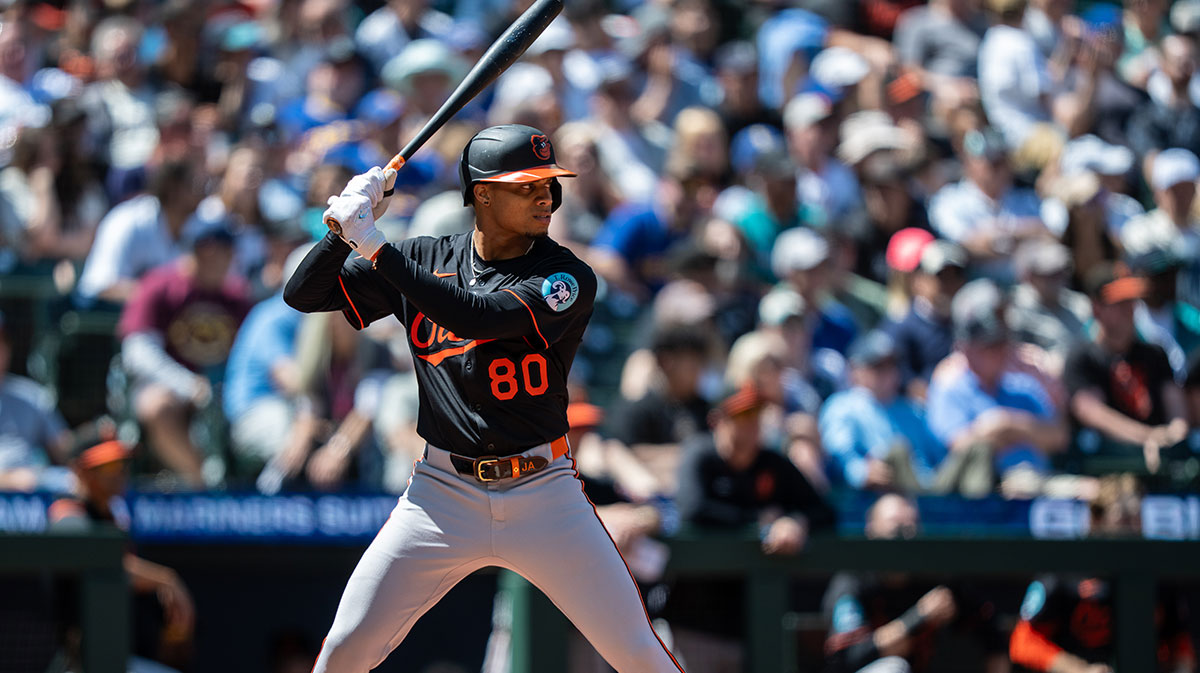 Balitimore Orioles centerfielder Jordyn Adams (80) waits for a pitch during an at-bat against the Seattle Mariners at T-Mobile Park.