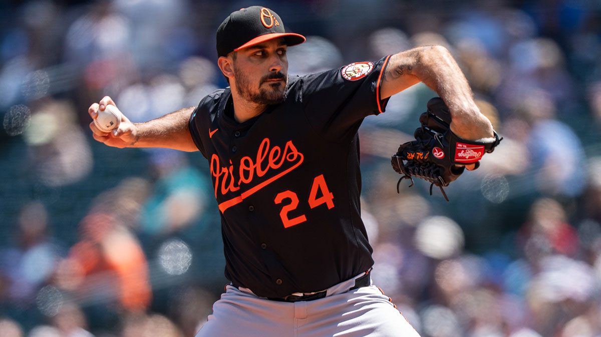 Balitimore Orioles starter Zach Eflin (24) delivers a pitch during the first inning against the Seattle Mariners at T-Mobile Park.