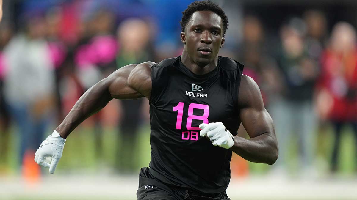 Western Michigan defensive back Bilhal Kone (DB18) participates in drills during the 2025 NFL Combine at Lucas Oil Stadium.