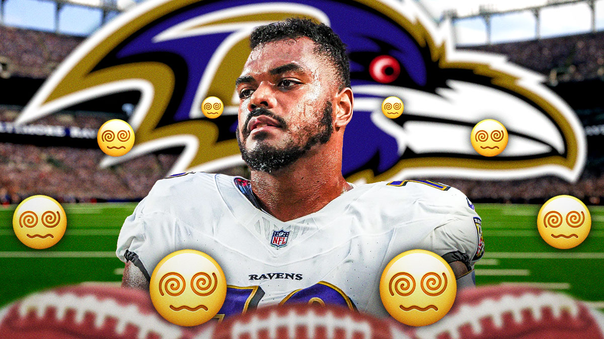 Ronnie Stanley in the middle with 😵 emojis around him, Baltimore Ravens logo in the background