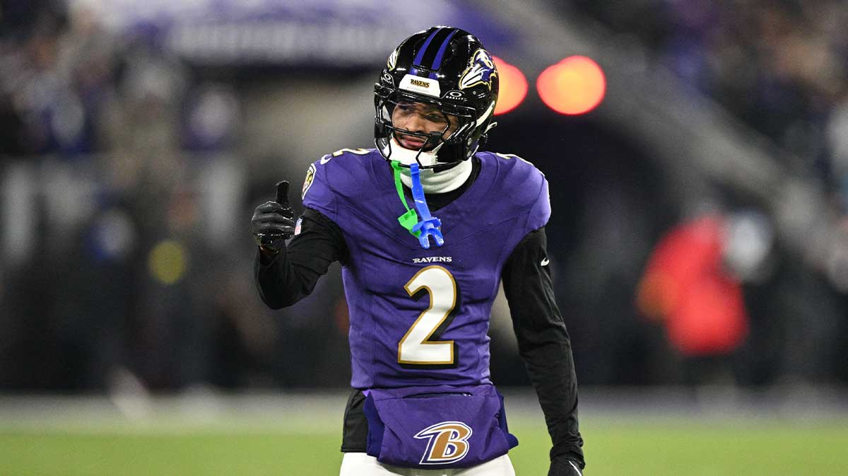 Baltimore Ravens cornerback Nate Wiggins (2) reacts in the first quarter against the Pittsburgh Steelers in an AFC wild card game at M&T Bank Stadium.