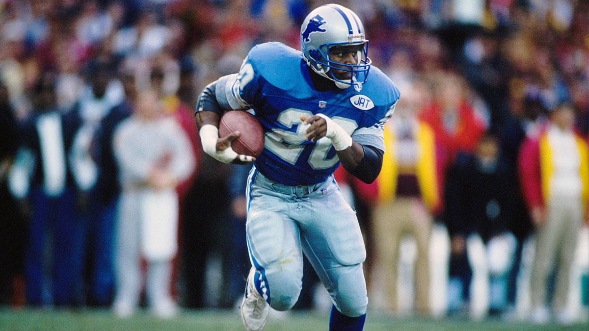 Detroit Lions running back Barry Sanders (20) carries the ball against the Washington Redskins in the 1991 NFC Championship at RFK Stadium. The Redskins defeated the Lions 41-10.