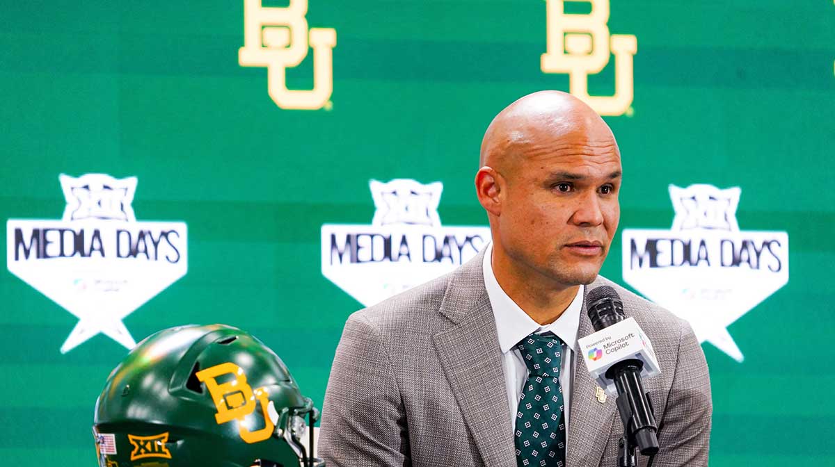 Baylor head coach Dave Aranda addresses the media during 2025 Big 12 Football Media Days at The Star.