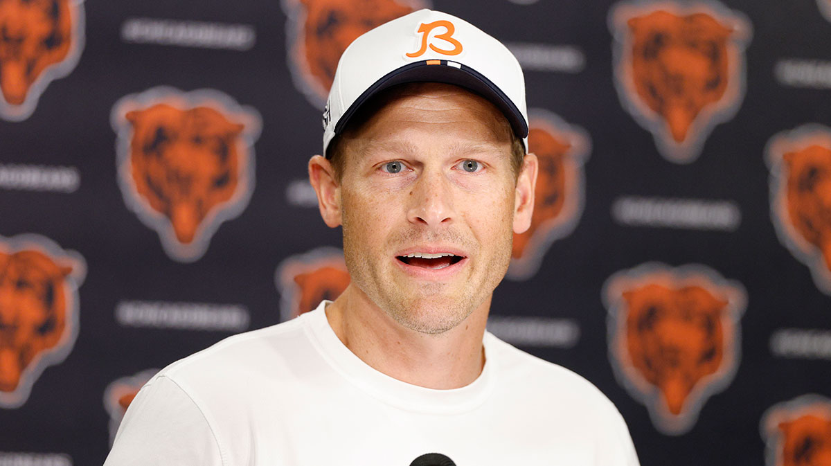 Chicago Bears head coach Ben Johnson speaks during training camp at Halas Hall.