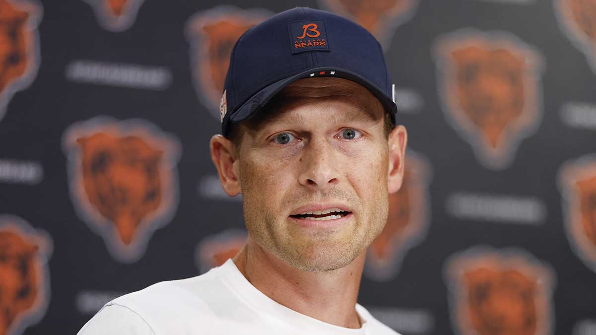 Bears head coach Ben Johnson addresses the media at Halas Hall before joint training camp practice with the Buffalo Bills ahead of Sunday's preseason game