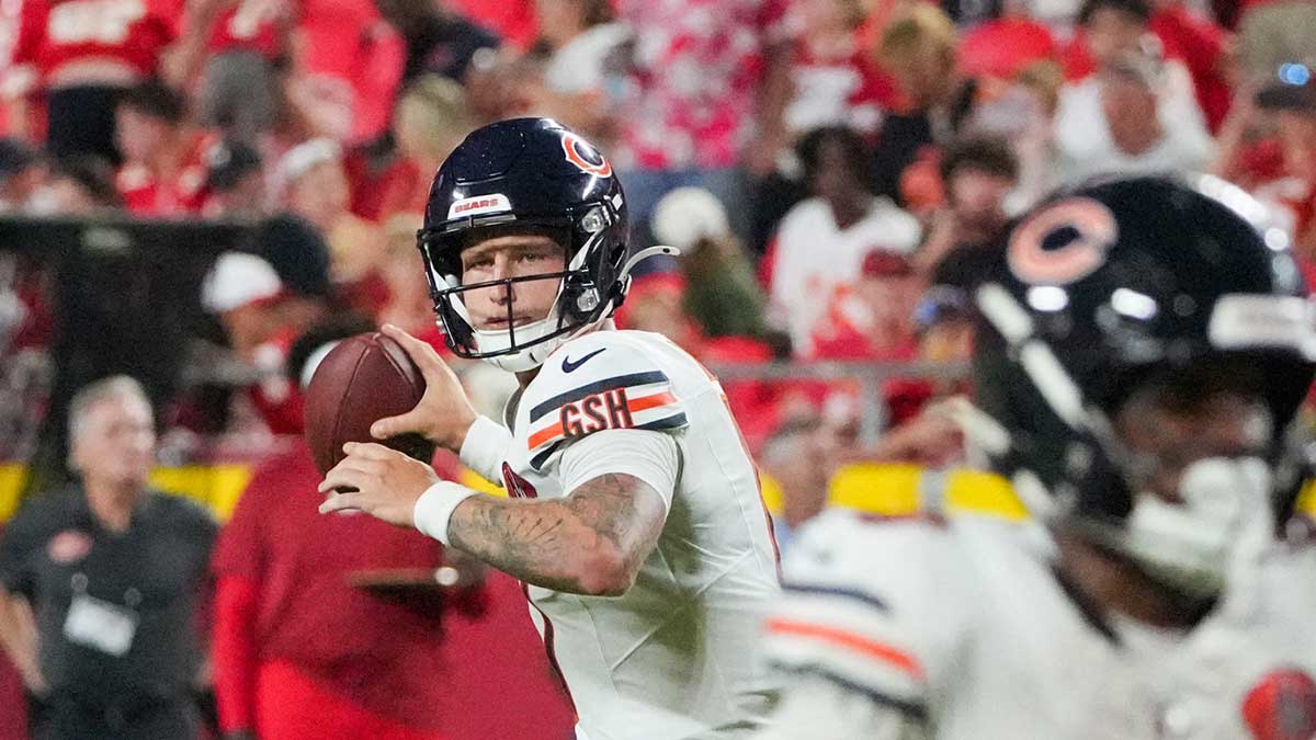 Bears quarterback Tyson Bagent (17) throws a pass against the Kansas City Chiefs during the second half of the game at GEHA Field at Arrowhead Stadium