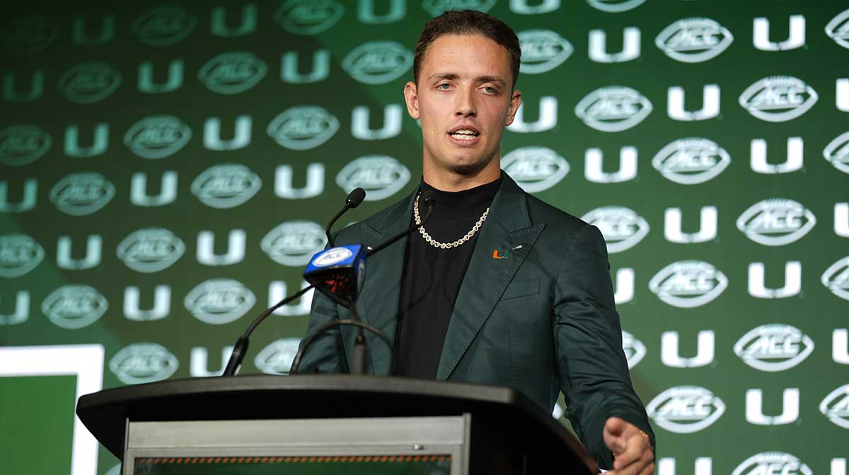 Miami quarterback Carson Beck answers questions from the media during ACC Media Days at Hilton Charlotte Uptown.
