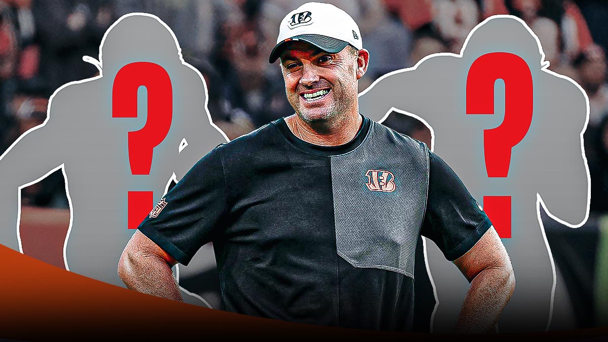 Cincinnati Bengals head coach Zac Taylor next to two silhouettes of American football players with big question mark emojis inside.