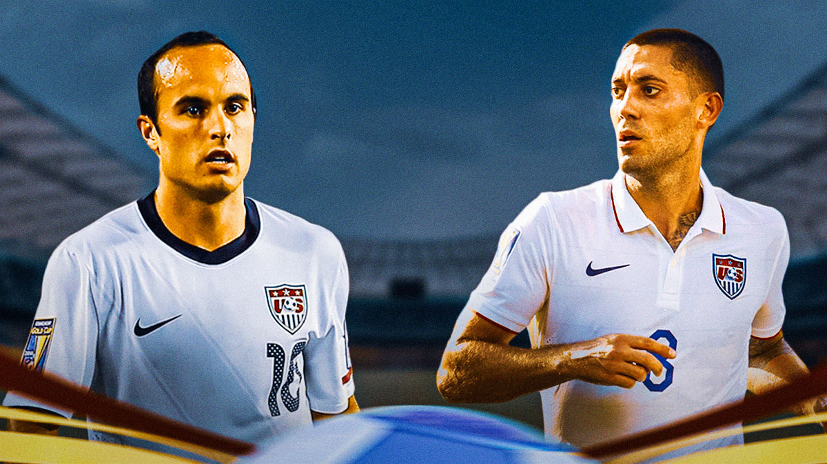 Landon Donovan and Clint Dempsey together playing for Team USA. USMNT logo front and center.