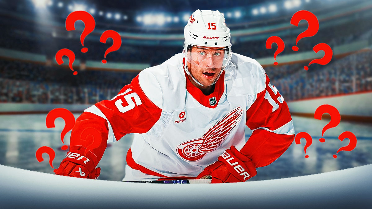 Craig Smith with question marks around him. Ice hockey background.