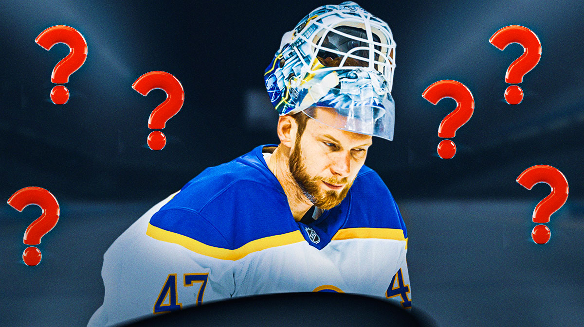 James Reimer with question marks around him with a hockey rink in background, oilers