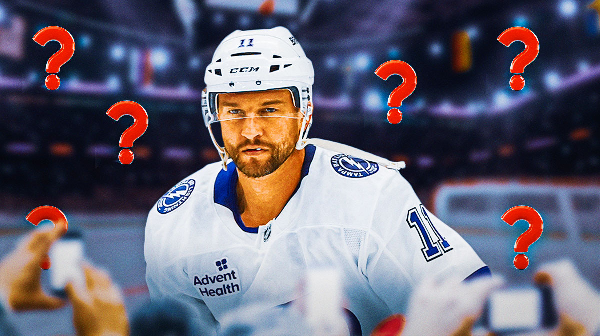 Luke Glendening with question marks around him and an ice rink in the background.