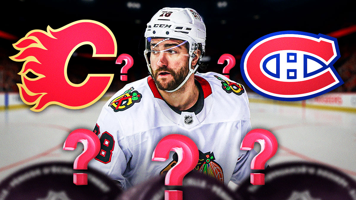 TJ Brodie with the Flames logo and Canadiens Logo plus question marks around him.