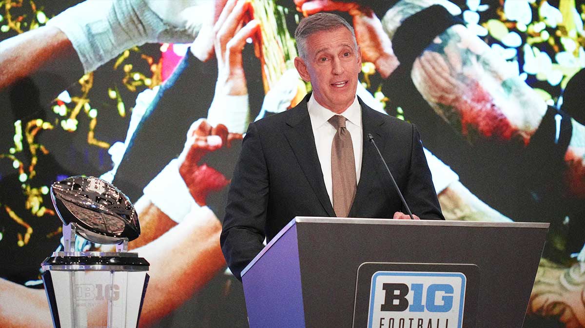 Big Ten commissioner Tony Petitti speaks to the media during the Big Ten NCAA college football media days at Mandalay Bay Resort.
