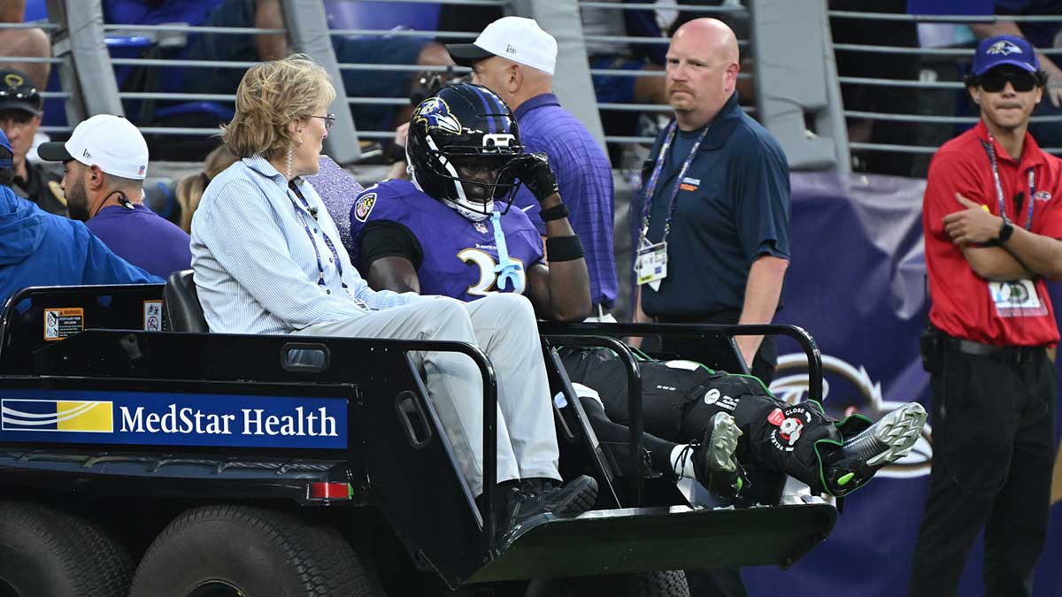 Baltimore Ravens cornerback Bilhal Kone (31) is carted off the field after suffering an injury during the first quarter against the Indianapolis Colts at M&T Bank Stadium.